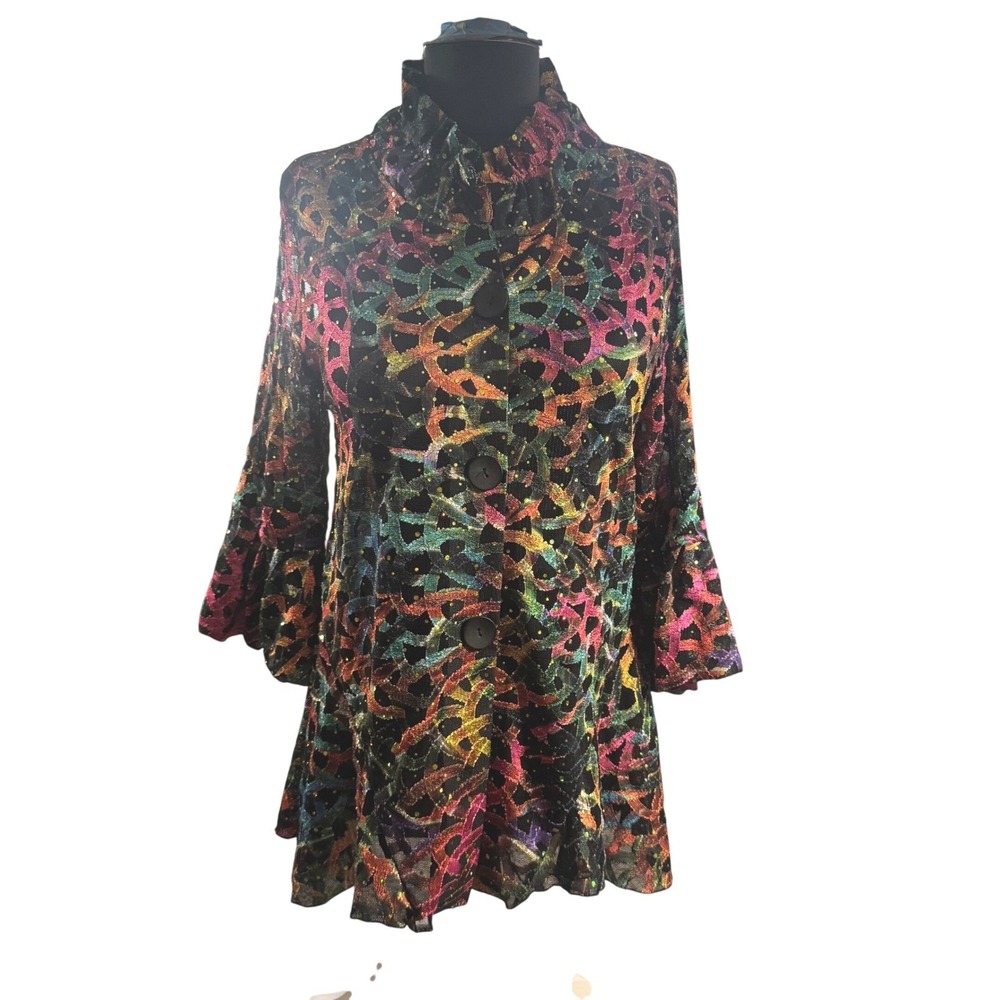 Damee Inc Korea Rainbow Mesh Sequin Jacket Ruffled Bell Sleeve Womens M EUC